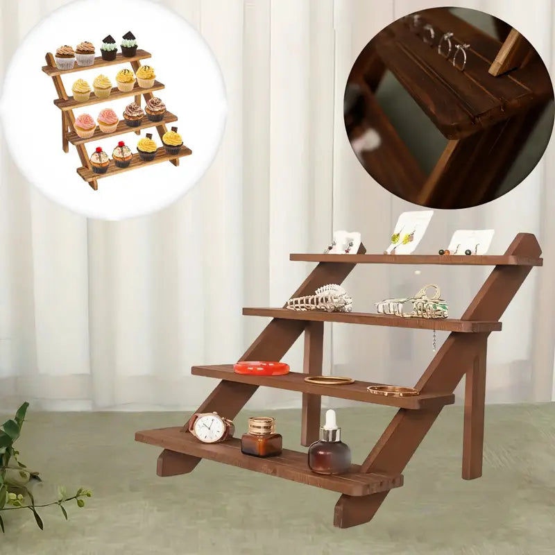 4‑Tier Wooden Display Stand – Heavy‑Duty Tiered Shelf for Jewelry, Cupcakes, Décor & Retail Organization