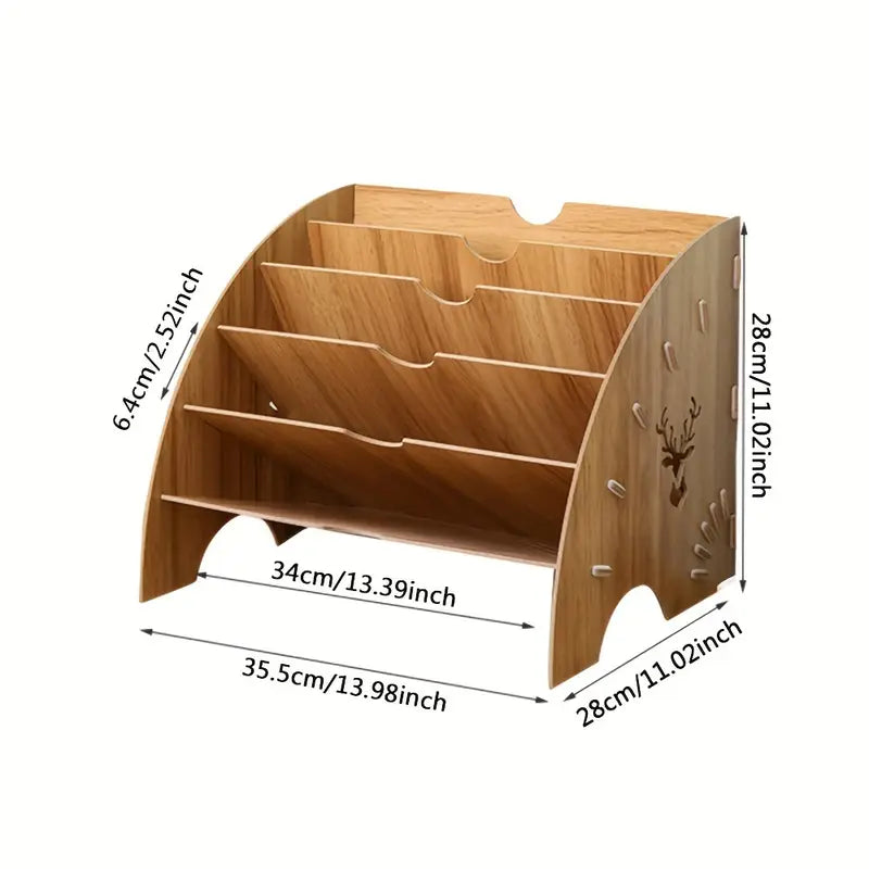Wooden Fan‑Shaped Desktop Organizer with 5 Layers – Deer Head Carved File & Accessory Storage Rack for Home or Office
