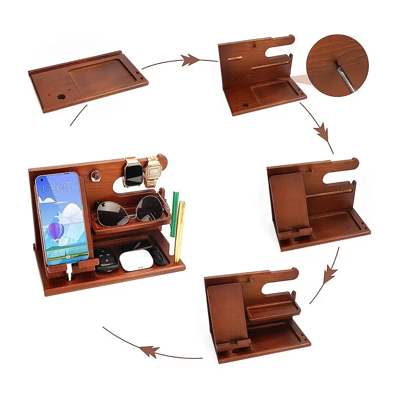 Wooden Bedside Storage Rack & Phone Charging Stand – Organizer for Wallet, Keys, Watch, Glasses & Coins – Gift for Men