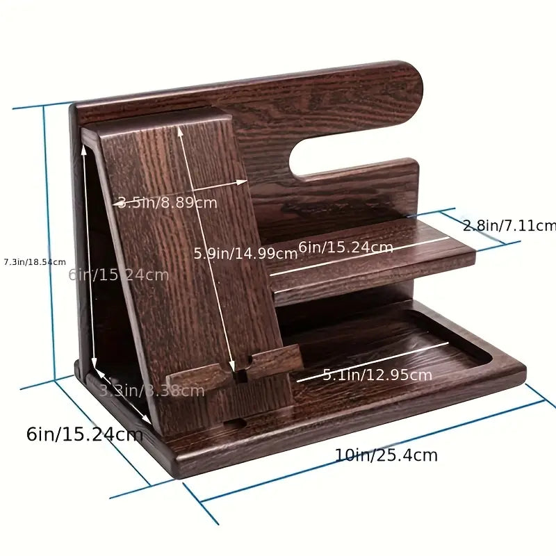 Wooden Bedside Storage Rack & Phone Charging Stand – Organizer for Wallet, Keys, Watch, Glasses & Coins – Gift for Men