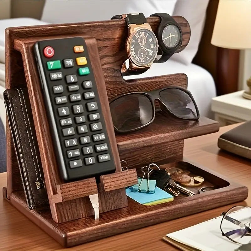 Wooden Bedside Storage Rack & Phone Charging Stand – Organizer for Wallet, Keys, Watch, Glasses & Coins – Gift for Men