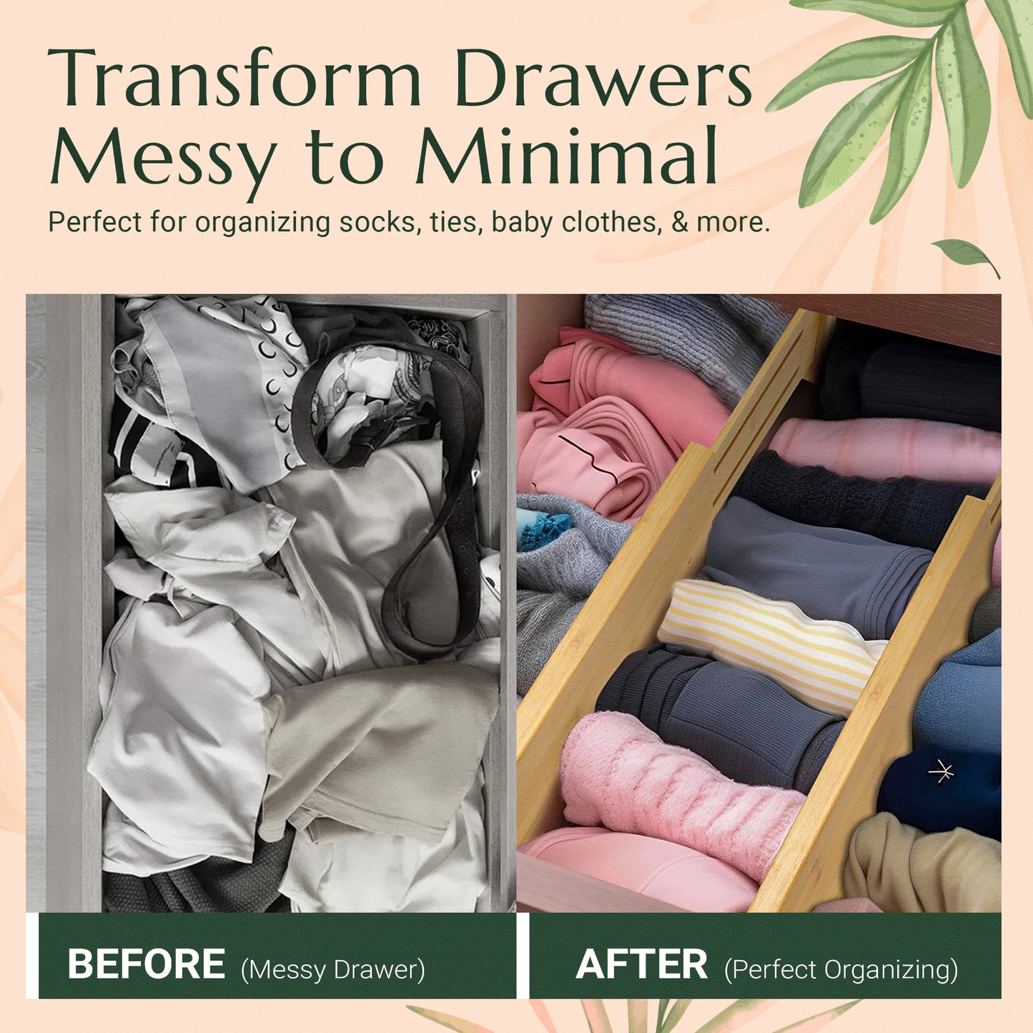 Expandable Bamboo Drawer Organizers – 6-Pack Divider Set for Clothes, Utensils & Office Drawers