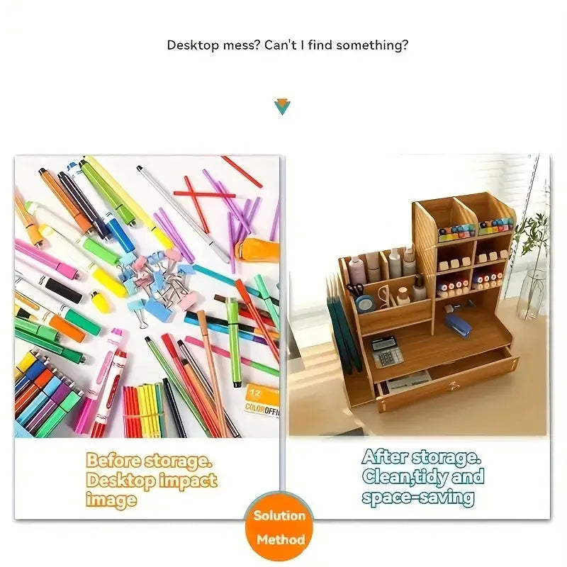 Wooden Desktop Organizer with Drawer – Large Capacity Pen & Stationery Holder for Home or Office