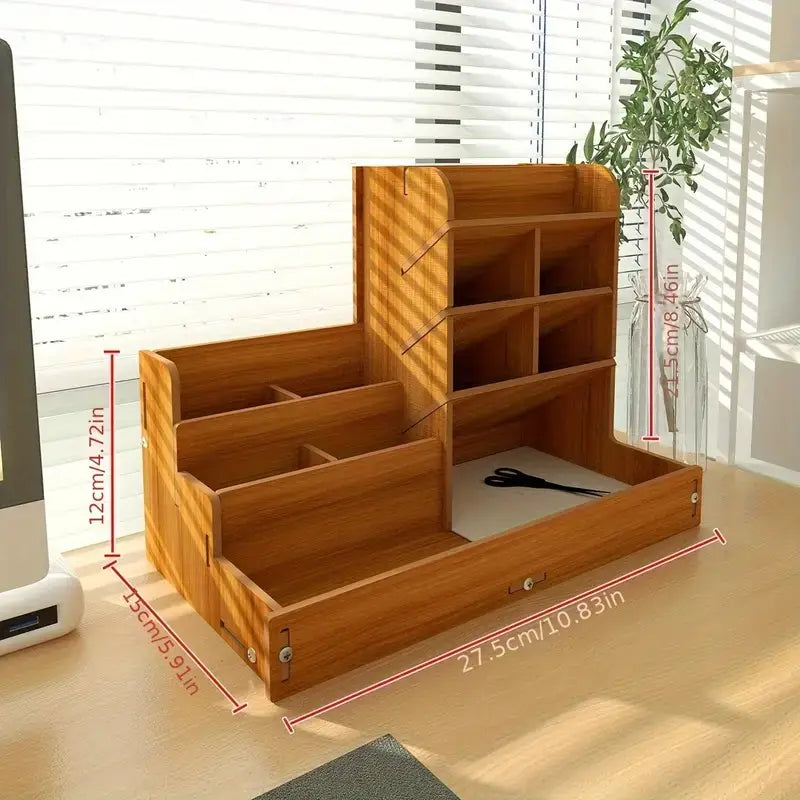 Wooden Desktop Organizer with Drawer – Large Capacity Pen & Stationery Holder for Home or Office