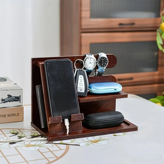 Wooden Bedside Storage Rack & Phone Charging Stand – Organizer for Wallet, Keys, Watch, Glasses & Coins – Gift for Men