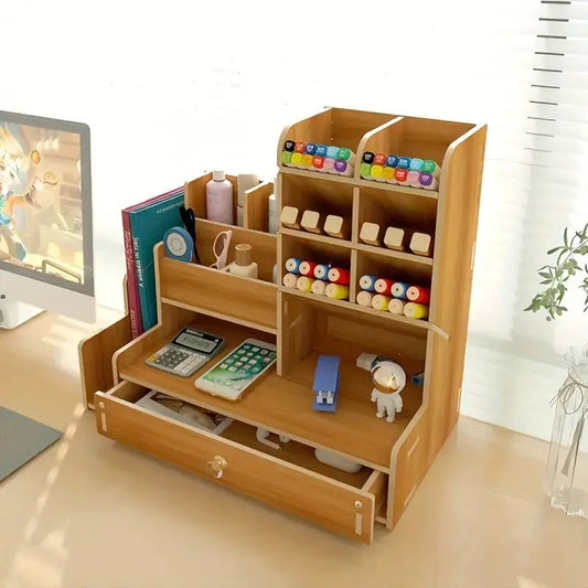 Wooden Desktop Organizer with Drawer – Large Capacity Pen & Stationery Holder for Home or Office
