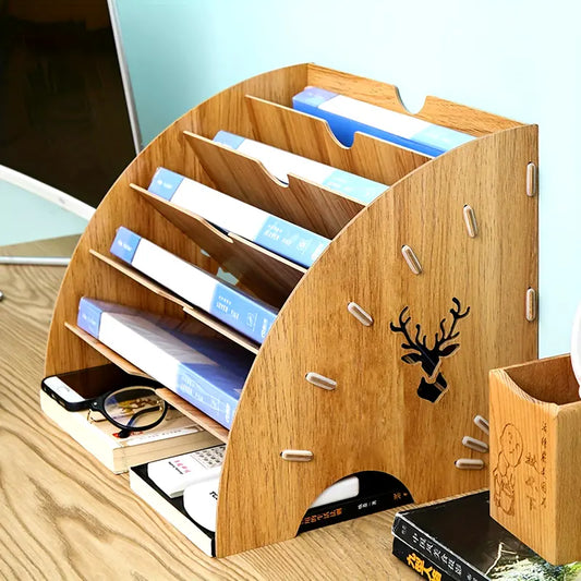 Wooden Fan‑Shaped Desktop Organizer with 5 Layers – Deer Head Carved File & Accessory Storage Rack for Home or Office
